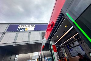 Image of a bus door and the lettering Trafficon- series for door types in public transport