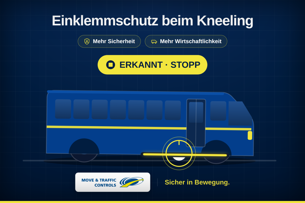 Grafik eines Busses beim Kneeling zum bessern Einsteigen mit der Erkennung eines Gegenstandes für Einklemmschutz beim Kneeling