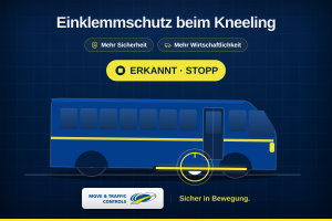 Grafik eines Busses beim Kneeling zum bessern Einsteigen mit der Erkennung eines Gegenstandes für Einklemmschutz beim Kneeling