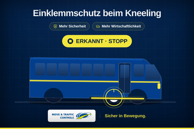 Grafik eines Busses beim Kneeling zum bessern Einsteigen mit der Erkennung eines Gegenstandes für Einklemmschutz beim Kneeling